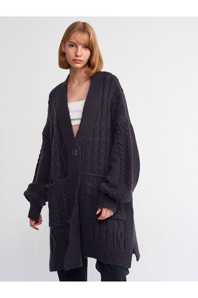 Dilvin 60194 V-Neck Single Button Pocket Knitwear Cardigan-Smoke