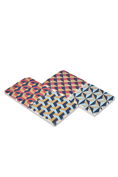 Anadolia Geometric Patterned Travertine Coasters - Set of 4, Special Wood, Gold Leaf