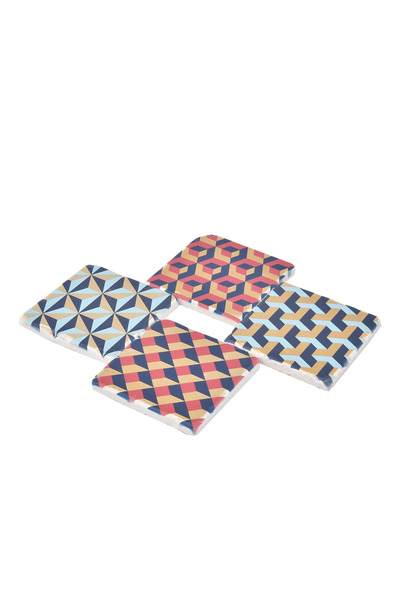 Anadolia Geometric Patterned Travertine Coasters - Set of 4, Special Wood, Gold Leaf