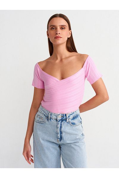 Dilvin 10528 Model Roz Bardot Guler Tricotat Bluza