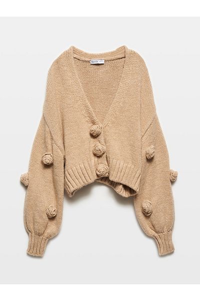 Dilvin 60216 Μοντέλο V-Neck Rose Embroidered Balloon Sleeve Knitwear Cardigan - Dark Beige