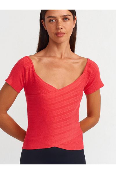 Dilvin 10528 Model Red Bardot Collar Knitwear Blouse