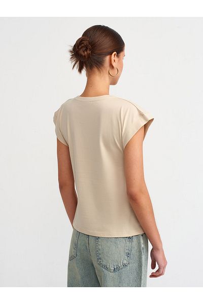 Dilvin 3504 Tricou din bumbac bej cu decolteu rotund