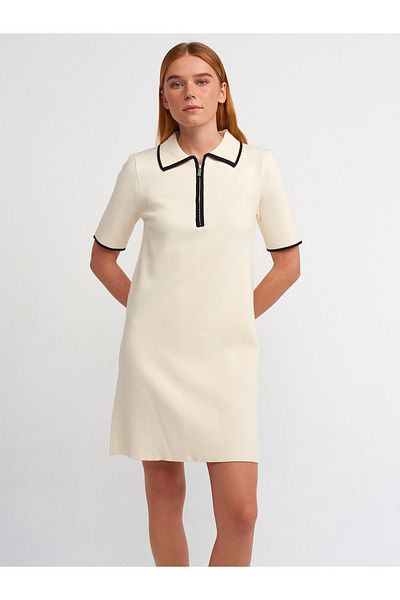 Dilvin 90168 Polo Collar Zippered Short Sleeve Knitwear Dress-Cream-Black