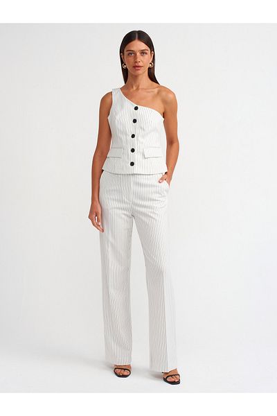 Dilvin 71519 Mid Waist White Striped Classic Trousers