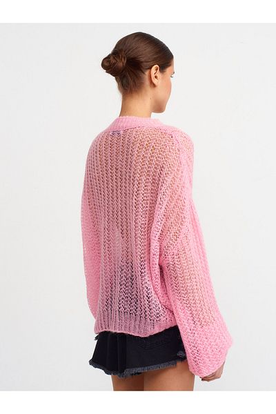 Dilvin 60223 V-Neck Openwork Buttoned Knitwear Cardigan-Pink