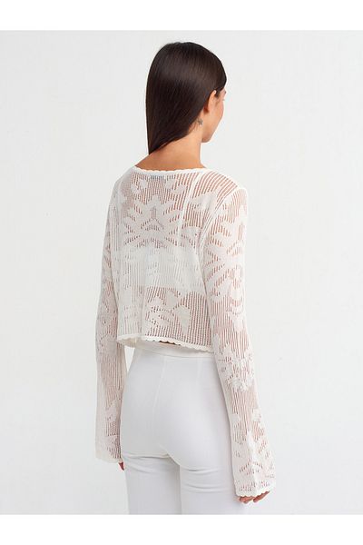 Dilvin 10556 Model Ecru Openwork Crew Neck Knitwear Sweater