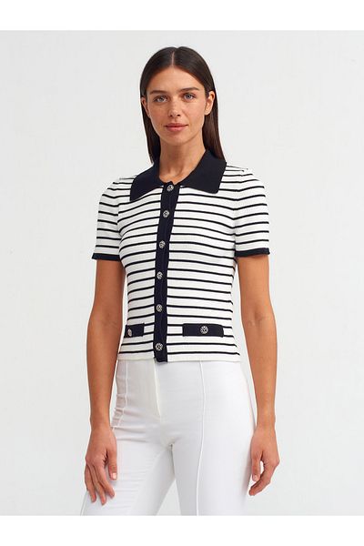 Dilvin 60239 Cardigan din tricotaj în dungi cu gât polo - Negru-Ecru