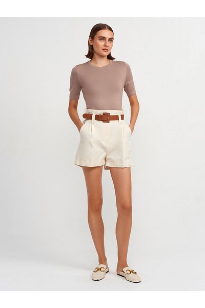 Dilvin 71298 Ecru High Waist Belted Shorts