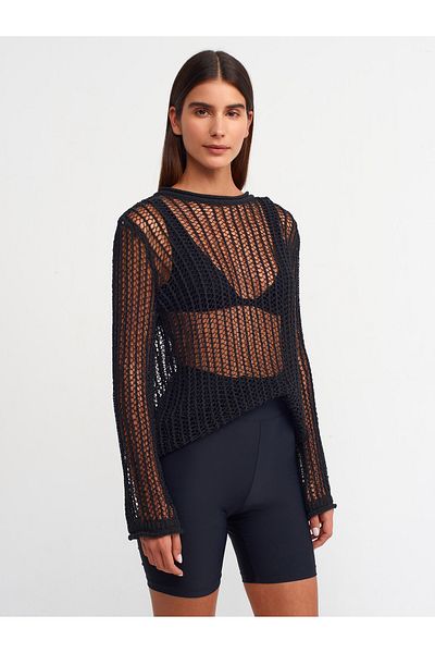 Dilvin 10537 Crew Neck Openwork Transparent Sweater-Black