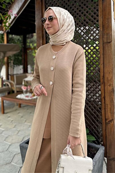 Rabia Şamlı Μπεζ πλεκτή ζακέτα Sinem Steel