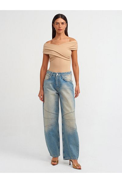 Dilvin 71476 Pantaloni largi din denim cu cusătură în față - Nuanță