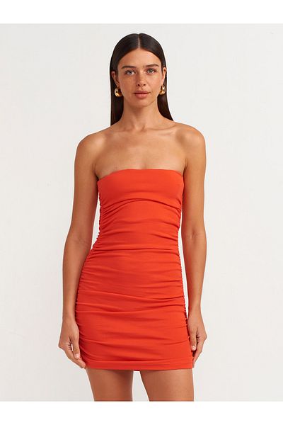Dilvin 91156 Red Strapless Gathered Mini Dress