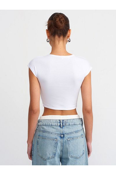 Dilvin 30528 Cotton and Modal Blended Crop Top-Λευκό