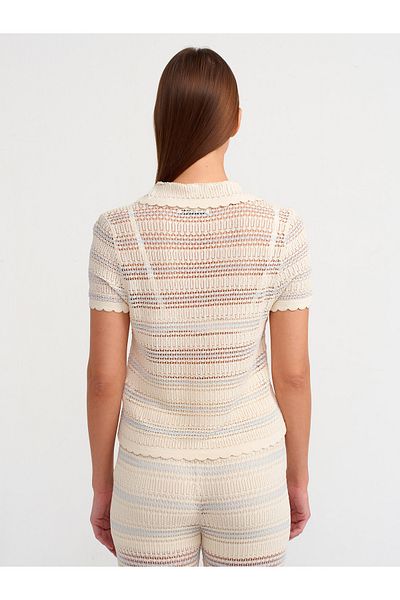 Dilvin 10590 Model Polo Decolteu Ajurat Tricotaj Bluza - Natural