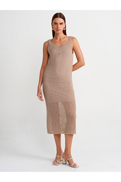 Dilvin 90206 Ζαρτιέρες Ανοιχτόχρωμο Πλεκτό Φόρεμα-Μπεζ