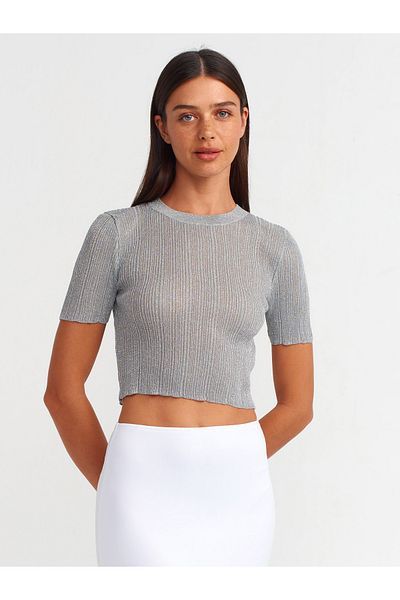 Dilvin 10571 - Gray Crew Neck Transparent Knitwear Blouse