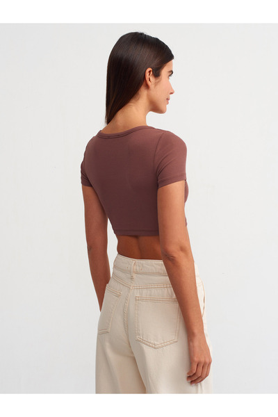Dilvin 30876 Κοντομάνικο Crop Top-Καφέ