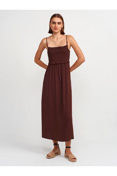 Dilvin Model 91233 - Rochie midi maro cu detaliu cu cordon