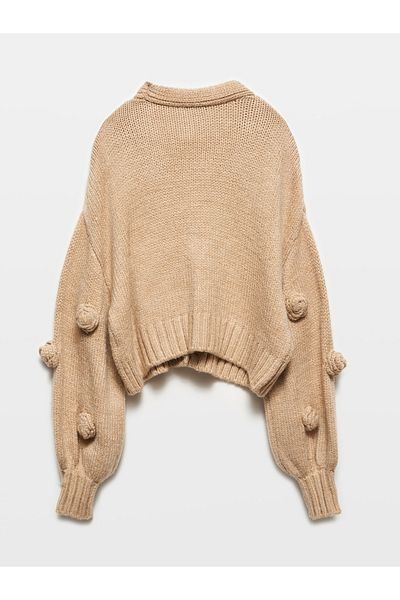Dilvin 60216 Μοντέλο V-Neck Rose Embroidered Balloon Sleeve Knitwear Cardigan - Dark Beige