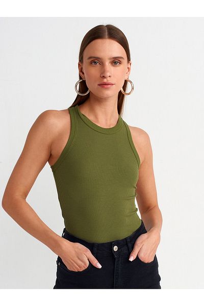 Dilvin 20842 Model Halter Collar Corded Tank Top - Khaki