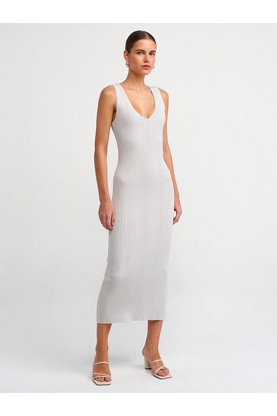 Dilvin 90177 V-Neck Ribbed Knitwear Dress-Light Gray