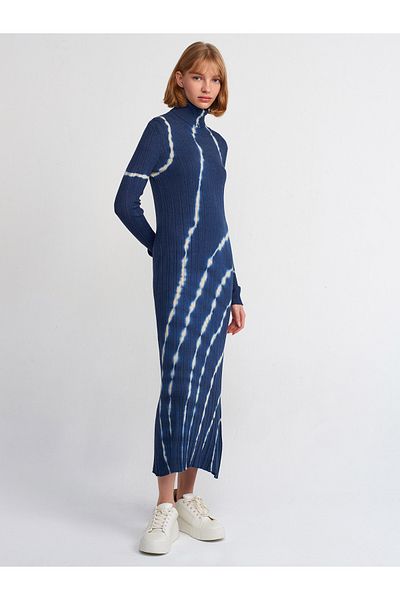 Dilvin 90163 Turtleneck Batik Knitwear Dress-Navy Blue