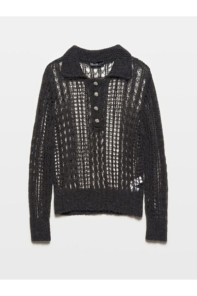 Dilvin 10624 Polo Collar and Stone Buttoned Openwork Smoked Knitwear Sweater