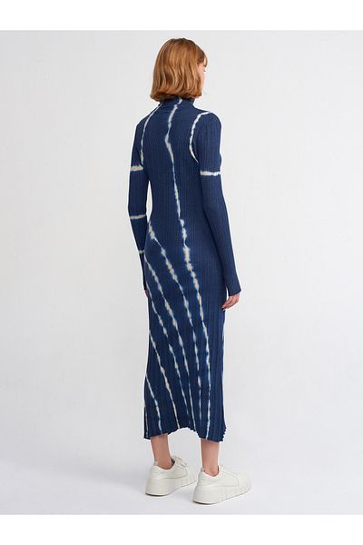 Dilvin 90163 Turtleneck Batik Knitwear Dress-Navy Blue