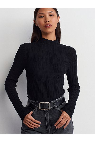 Dilvin 10631 Pulover negru cu textura subțire cu guler ridicat