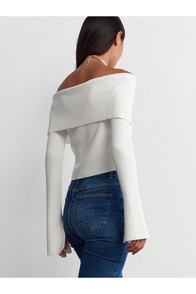 Dilvin 60252 Ecru Knitwear Cardigan - with Bardot Collar and Zipper Detail