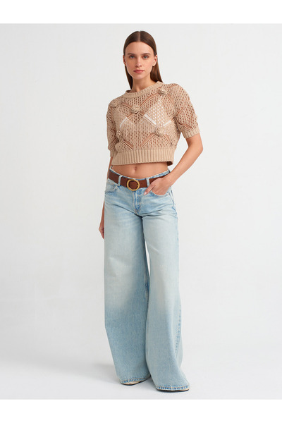 Dilvin 10584 Pulover ajurat bej cu decolteu