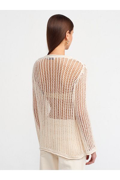 Dilvin 10537 Crew Neck Openwork Transparent Sweater-ecru