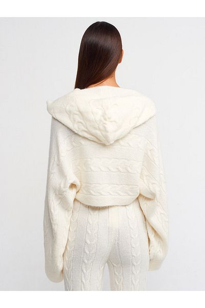 Dilvin 10459 Hooded Kimono Sleeve Hair Knitted Crop Sweater-ecru