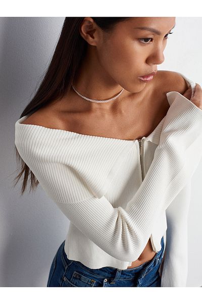 Dilvin 60252 Ecru Knitwear Cardigan - with Bardot Collar and Zipper Detail