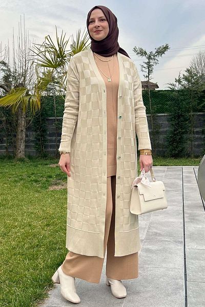Rabia Şamlı Πλεκτή ζακέτα με πέτρινο πολύχρωμο σχέδιο σκακιέρας