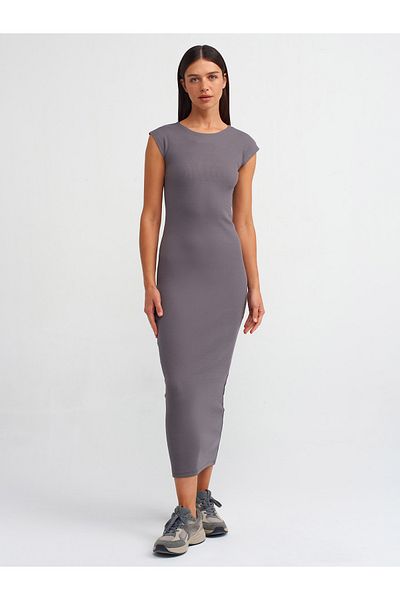 Dilvin 91126 Model Smoke Colored Body Sitting Dress