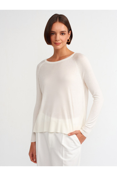 Dilvin 10536 Велосипедна яка Основен фин плетен пуловер - Екру