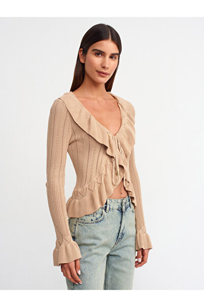 Dilvin 60220 Tricotaj cu șireturi cu volane Cardigan-Bej