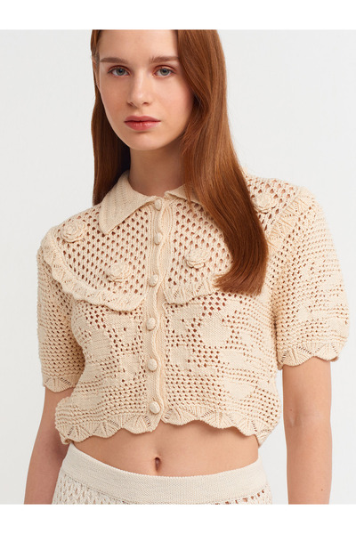 Dilvin 60217 Πόλο λαιμόκοψη Πλεκτό Ζακέτα-Φυσικό