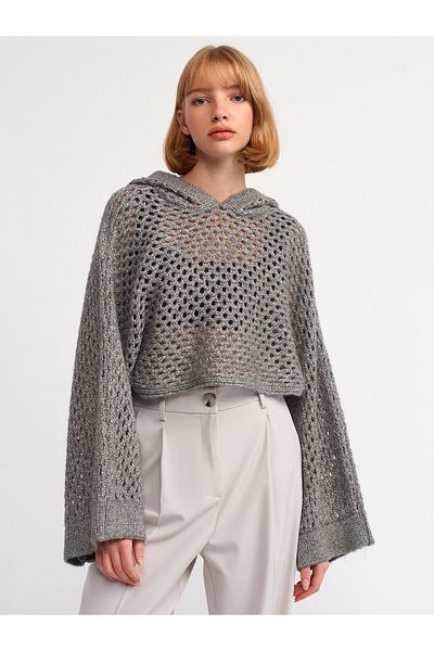 Dilvin 10454 Hooded Glitter Kimono Sweater-grey-silver