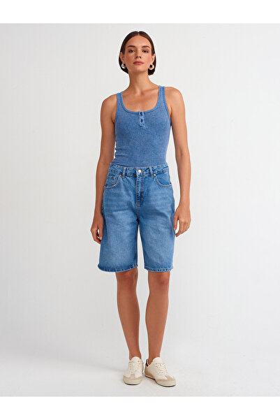 Dilvin 20840 Indigo Buttoned Tank Top with Washing Effect