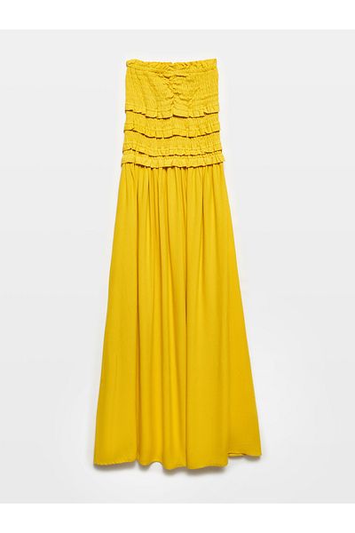 Dilvin 91220 Yellow Strapless Gipe Detailed Dress
