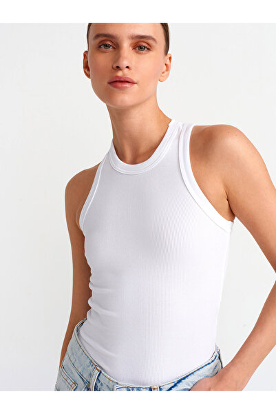 Dilvin 20842 Model Halter Collar White Corded Tank Top