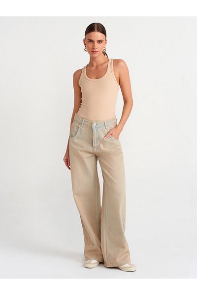 Dilvin 71475 Pantaloni largi din denim oval cu buzunar-Tint