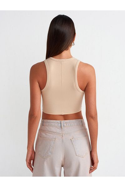 Dilvin 20820 Efect de cusătură Crop Top-Bej deschis