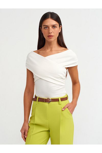 Dilvin 20828 Off-shoulder Drawstring Bodysuit-Ecru