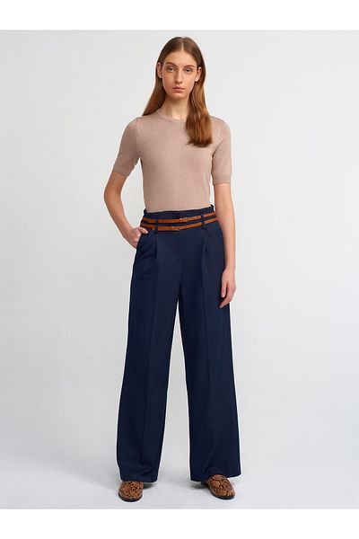 Dilvin 71245 High Waist Trousers with Belt - Navy Blue