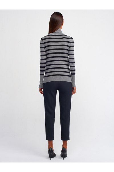 Dilvin 10432 Turtleneck Striped Durop Sweater-Smoke-Black