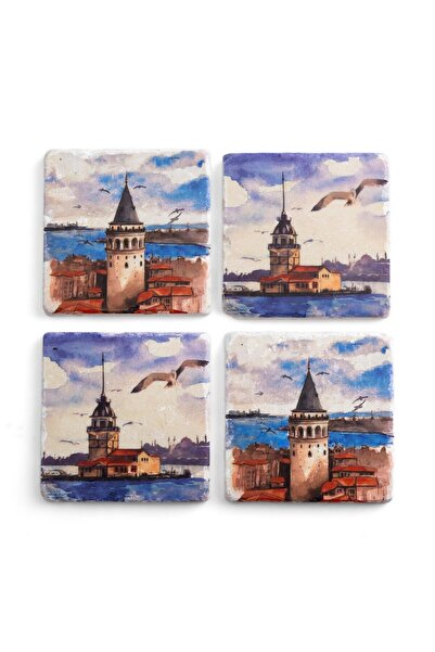 Anadolia Set of 4 Wooden Coasters for Galata Tower and Maiden's Tower - Travertine